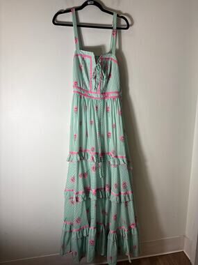 Kleid Pink and Green Floral Strapless Maxi Dress Sz L